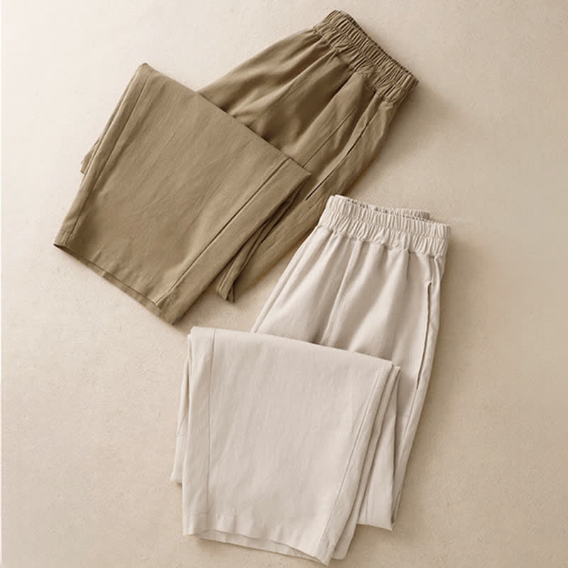 Spring Solid Color Elastic Waist Cotton Women's Straight Leg Pants With Pockets