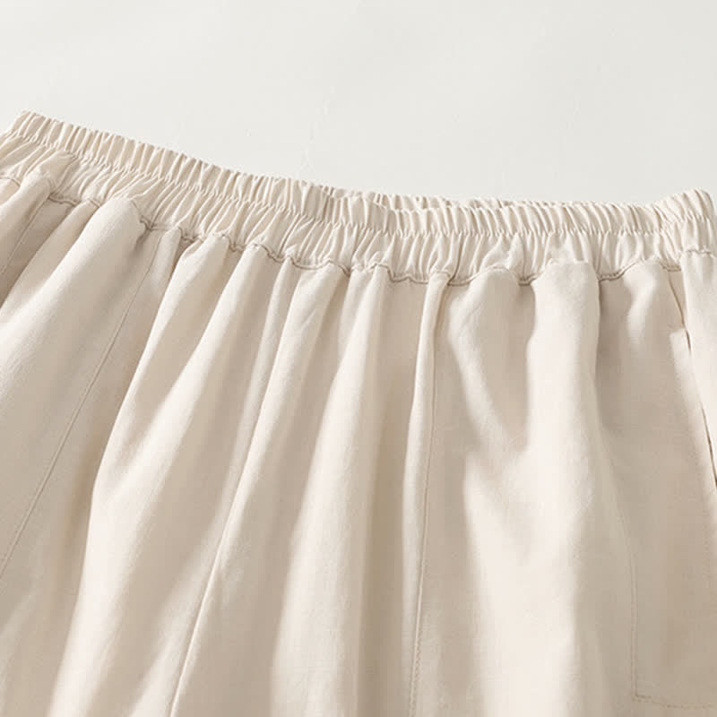 Spring Solid Color Elastic Waist Cotton Women's Straight Leg Pants With Pockets