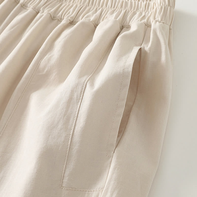 Spring Solid Color Elastic Waist Cotton Women's Straight Leg Pants With Pockets