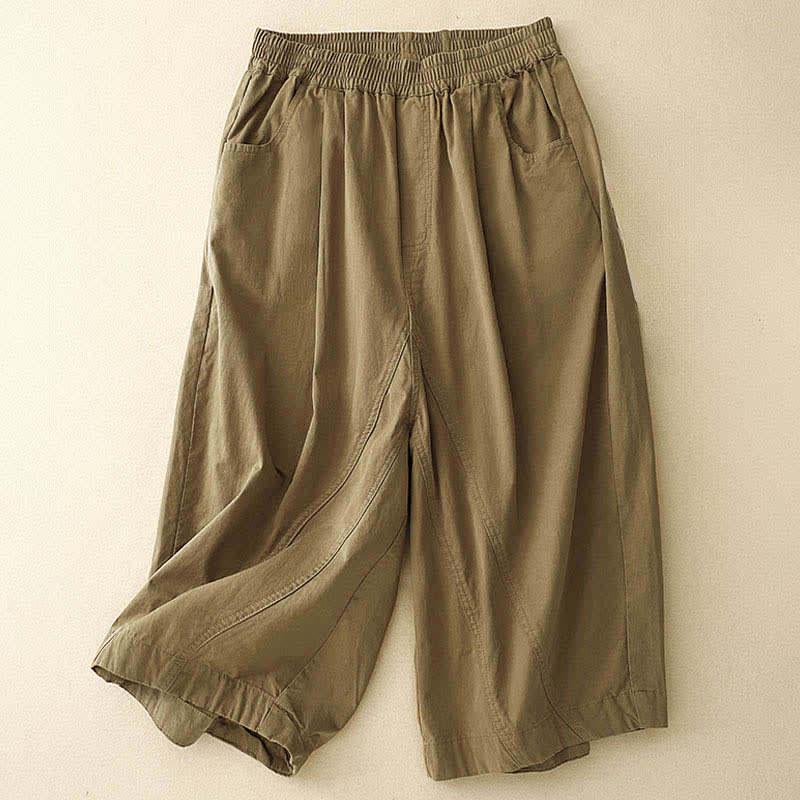 Summer Cotton Elastic Waist Women's Half Pants With Pockets