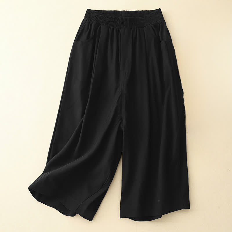 Summer Cotton Elastic Waist Women's Half Pants With Pockets