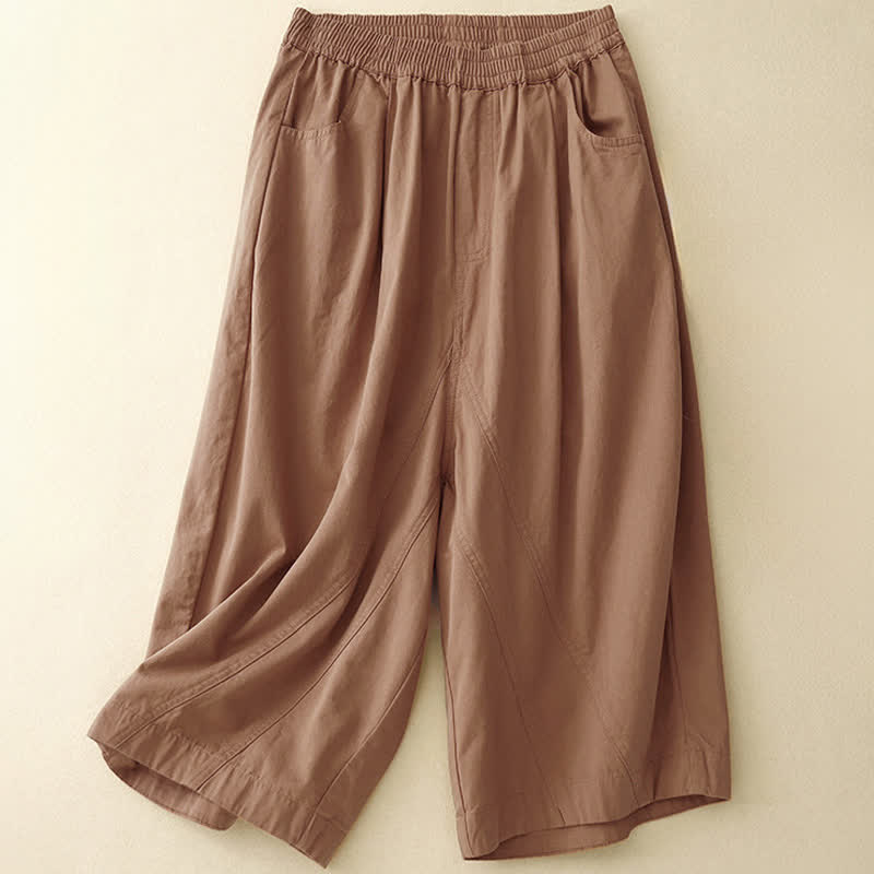 Summer Cotton Elastic Waist Women's Half Pants With Pockets