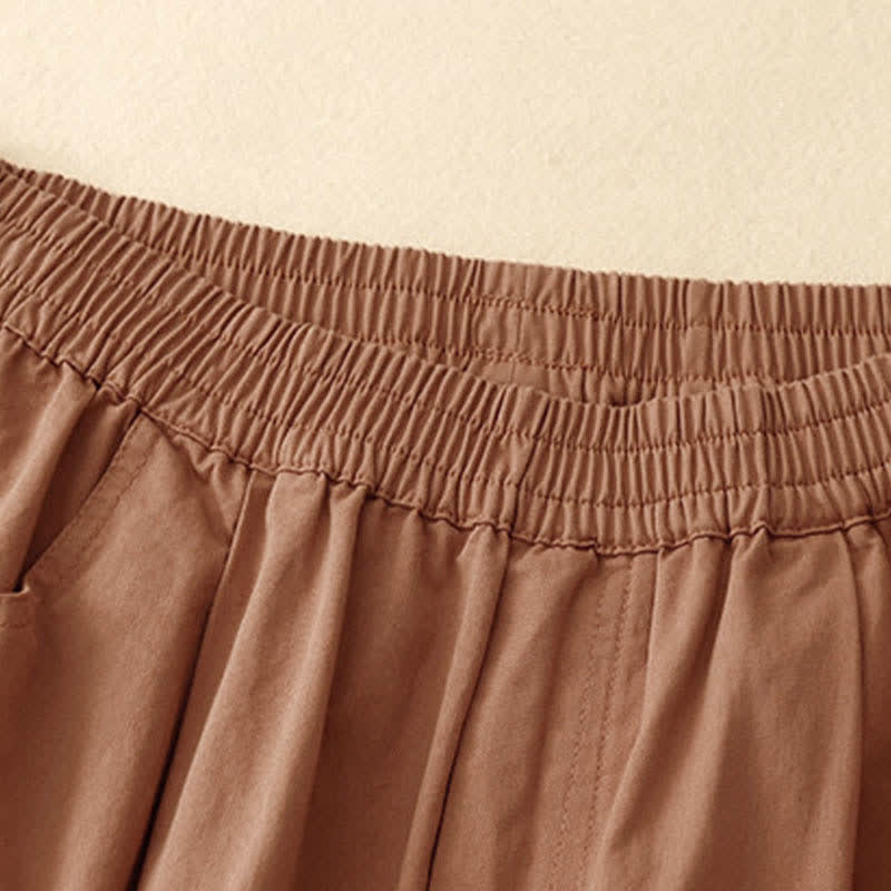 Summer Cotton Elastic Waist Women's Half Pants With Pockets