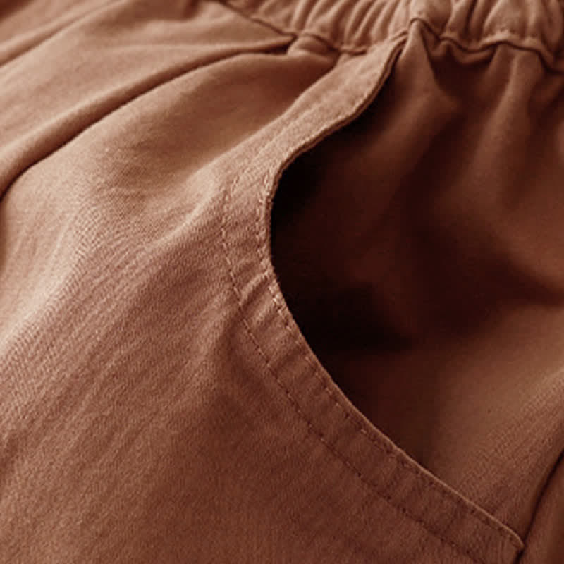 Summer Cotton Elastic Waist Women's Half Pants With Pockets