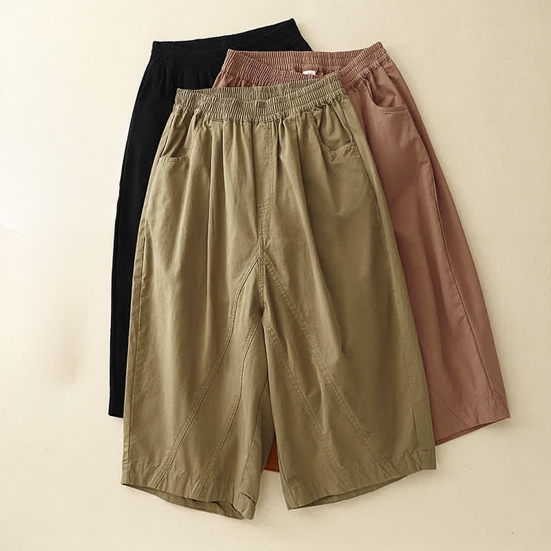 Summer Cotton Elastic Waist Women's Half Pants With Pockets
