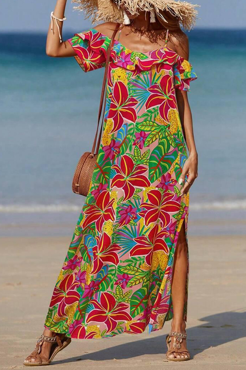 Womens Suspender Short Sleeved Printed Bohemian Style Maxi Dress