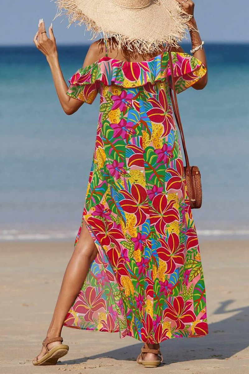 Womens Suspender Short Sleeved Printed Bohemian Style Maxi Dress