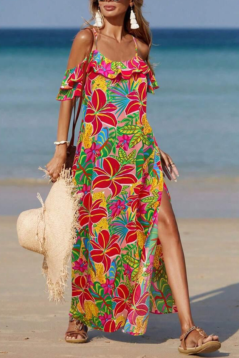 Womens Suspender Short Sleeved Printed Bohemian Style Maxi Dress