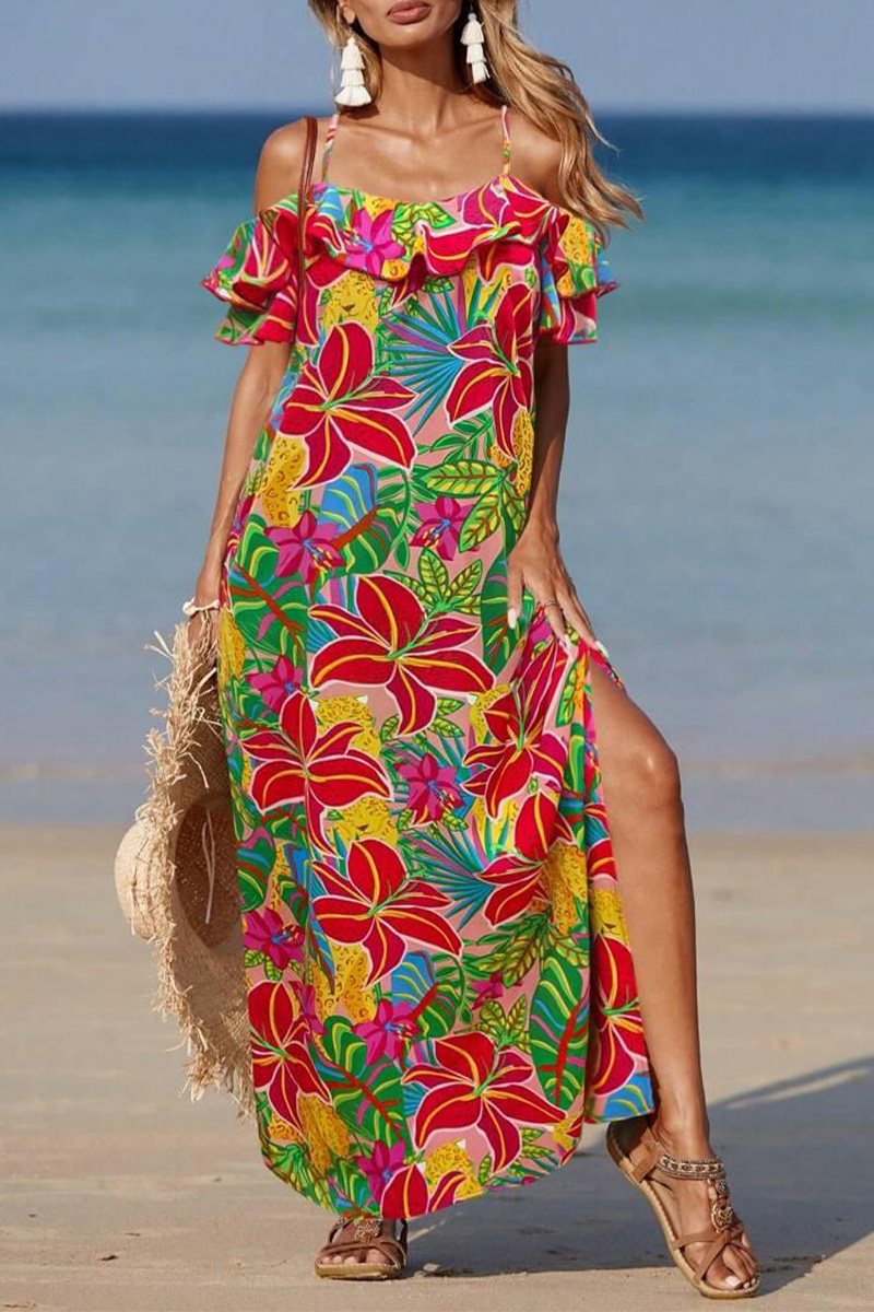 Womens Suspender Short Sleeved Printed Bohemian Style Maxi Dress