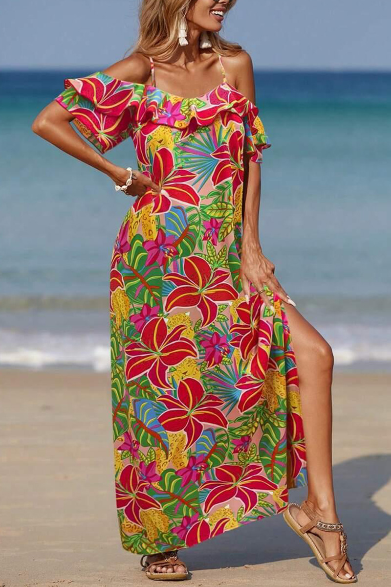 Womens Suspender Short Sleeved Printed Bohemian Style Maxi Dress