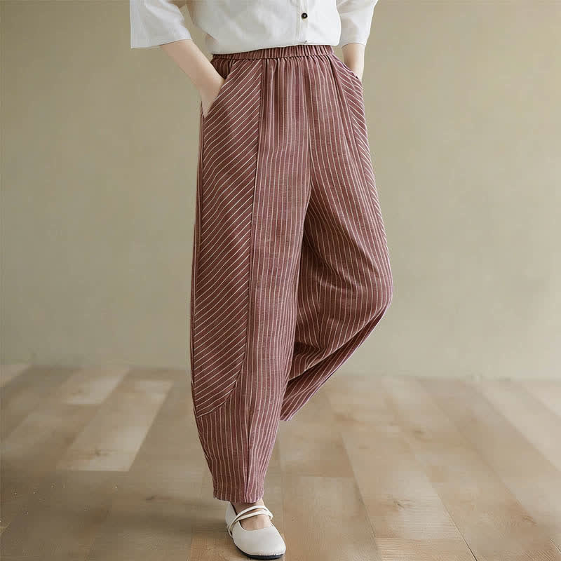Summer Casual Striped Linen Cotton Women's Tapered Pants With Pockets