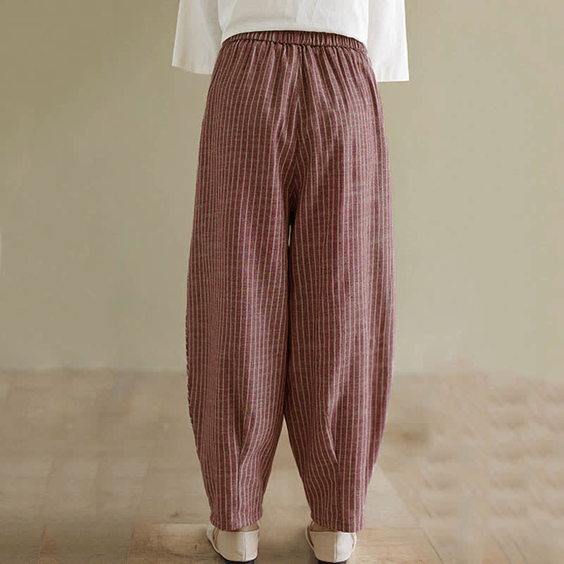 Summer Casual Striped Linen Cotton Women's Tapered Pants With Pockets