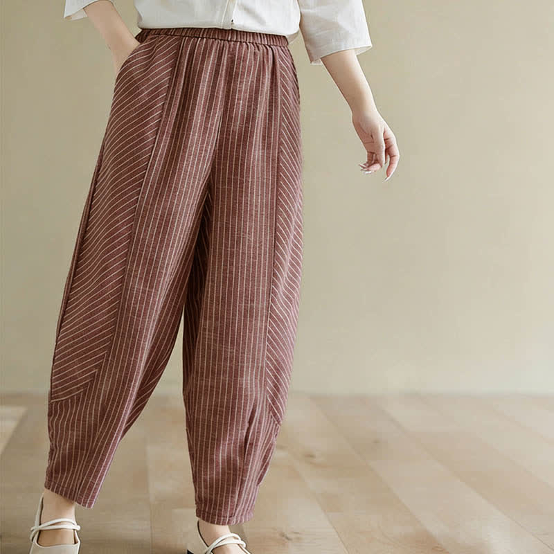 Summer Casual Striped Linen Cotton Women's Tapered Pants With Pockets