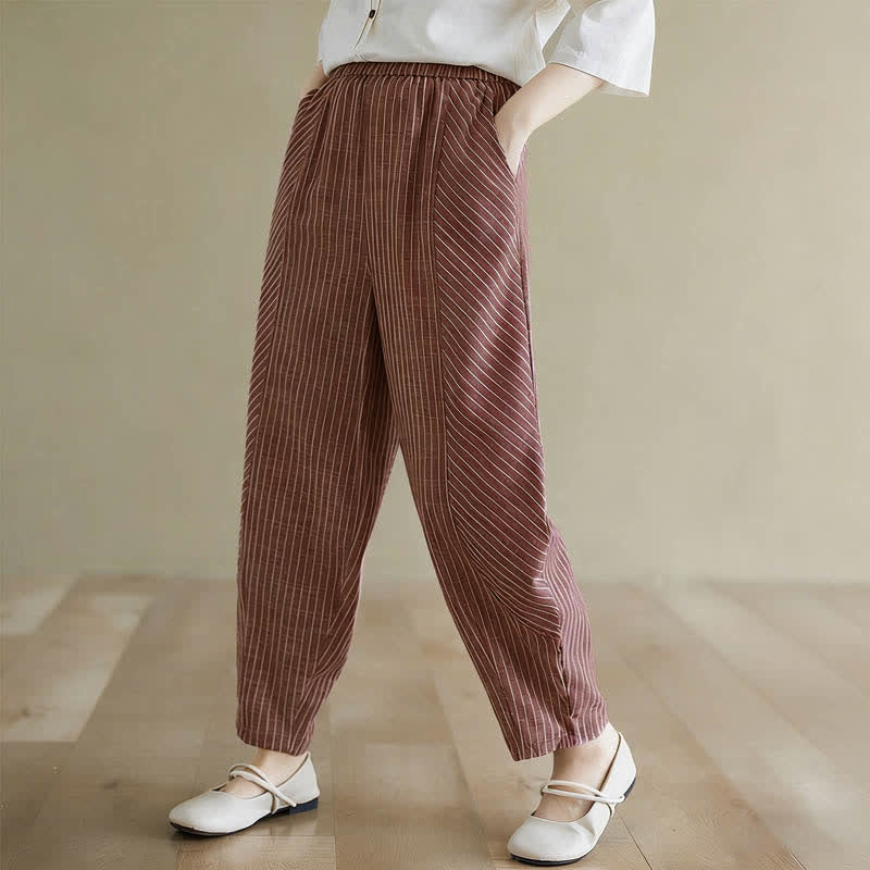 Summer Casual Striped Linen Cotton Women's Tapered Pants With Pockets