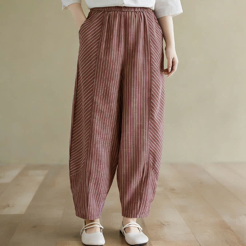 Summer Casual Striped Linen Cotton Women's Tapered Pants With Pockets