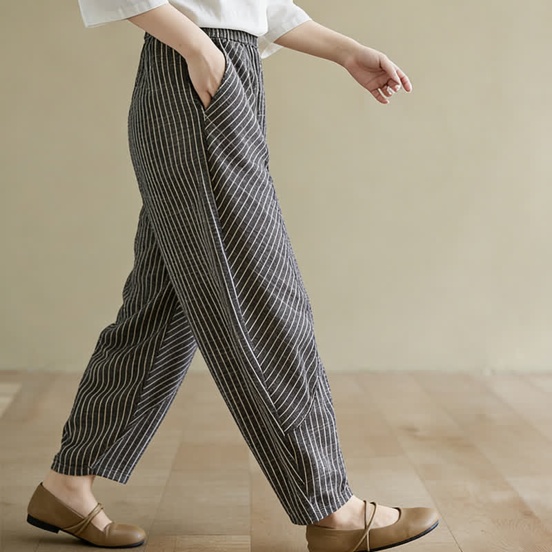 Summer Casual Striped Linen Cotton Women's Tapered Pants With Pockets