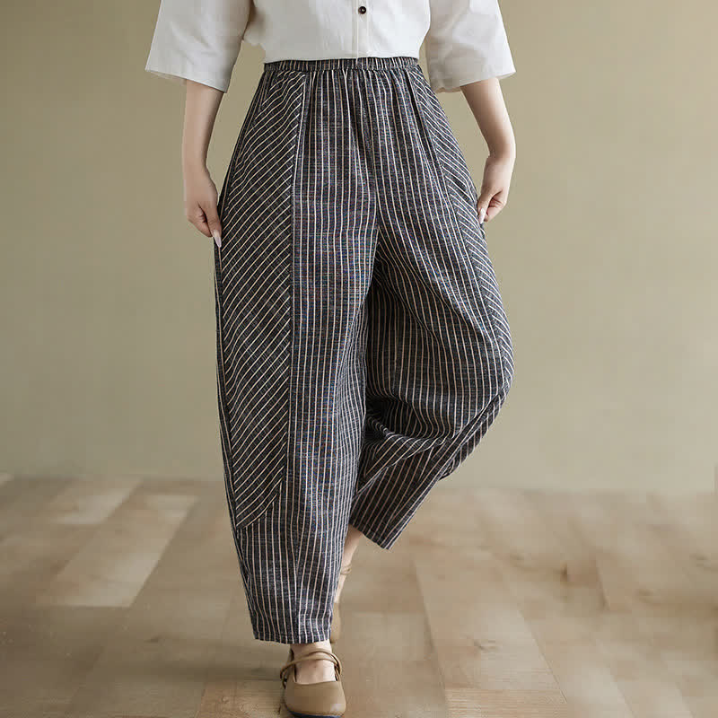 Summer Casual Striped Linen Cotton Women's Tapered Pants With Pockets