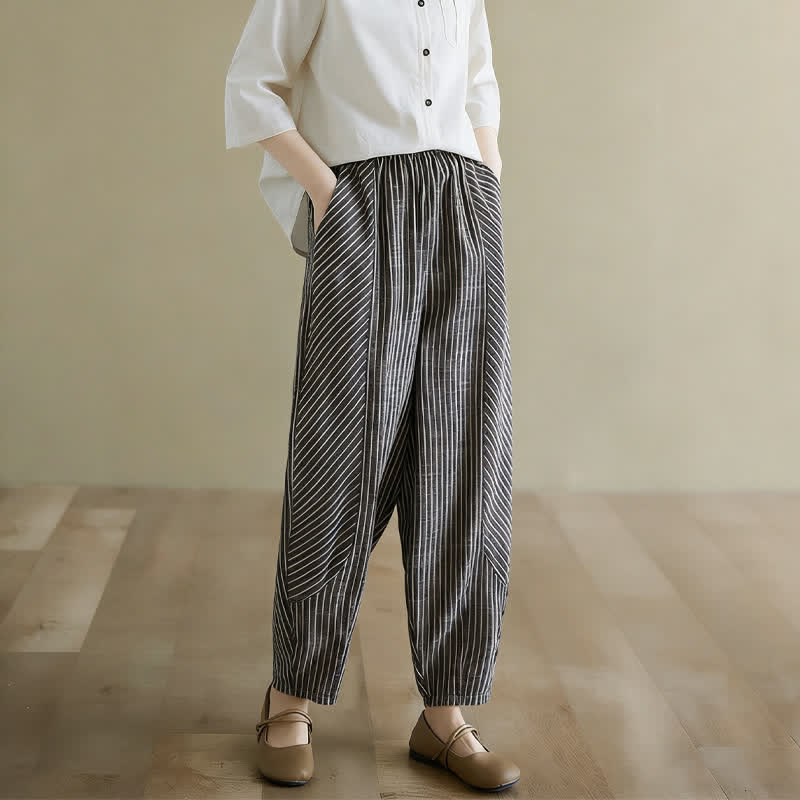 Summer Casual Striped Linen Cotton Women's Tapered Pants With Pockets