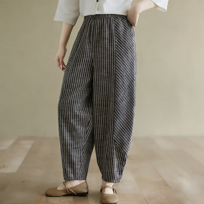 Summer Casual Striped Linen Cotton Women's Tapered Pants With Pockets