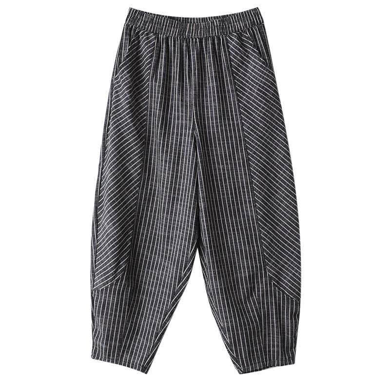 Summer Casual Striped Linen Cotton Women's Tapered Pants With Pockets