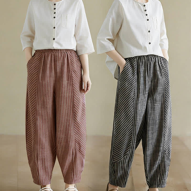 Summer Casual Striped Linen Cotton Women's Tapered Pants With Pockets