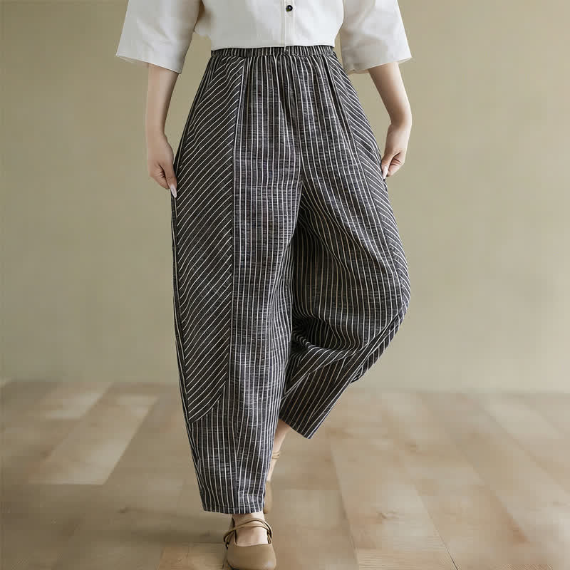 Summer Casual Striped Linen Cotton Women's Tapered Pants With Pockets