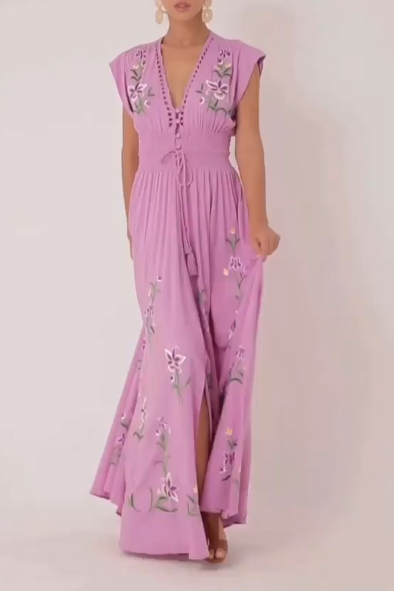 Women V-neck Patchwork Tassel Short Sleeved Printed Bohemian Maxi Dress