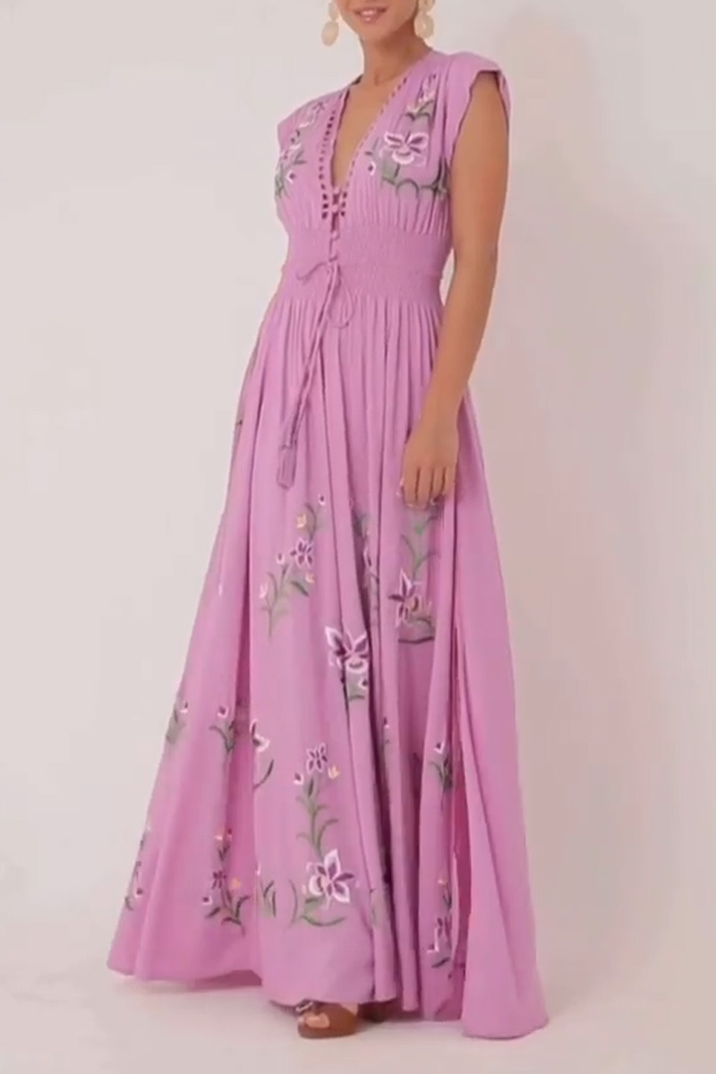 Women V-neck Patchwork Tassel Short Sleeved Printed Bohemian Maxi Dress