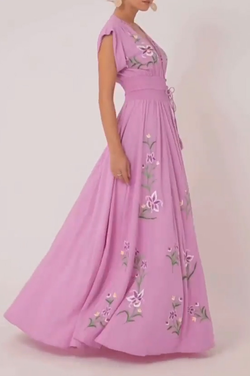 Women V-neck Patchwork Tassel Short Sleeved Printed Bohemian Maxi Dress