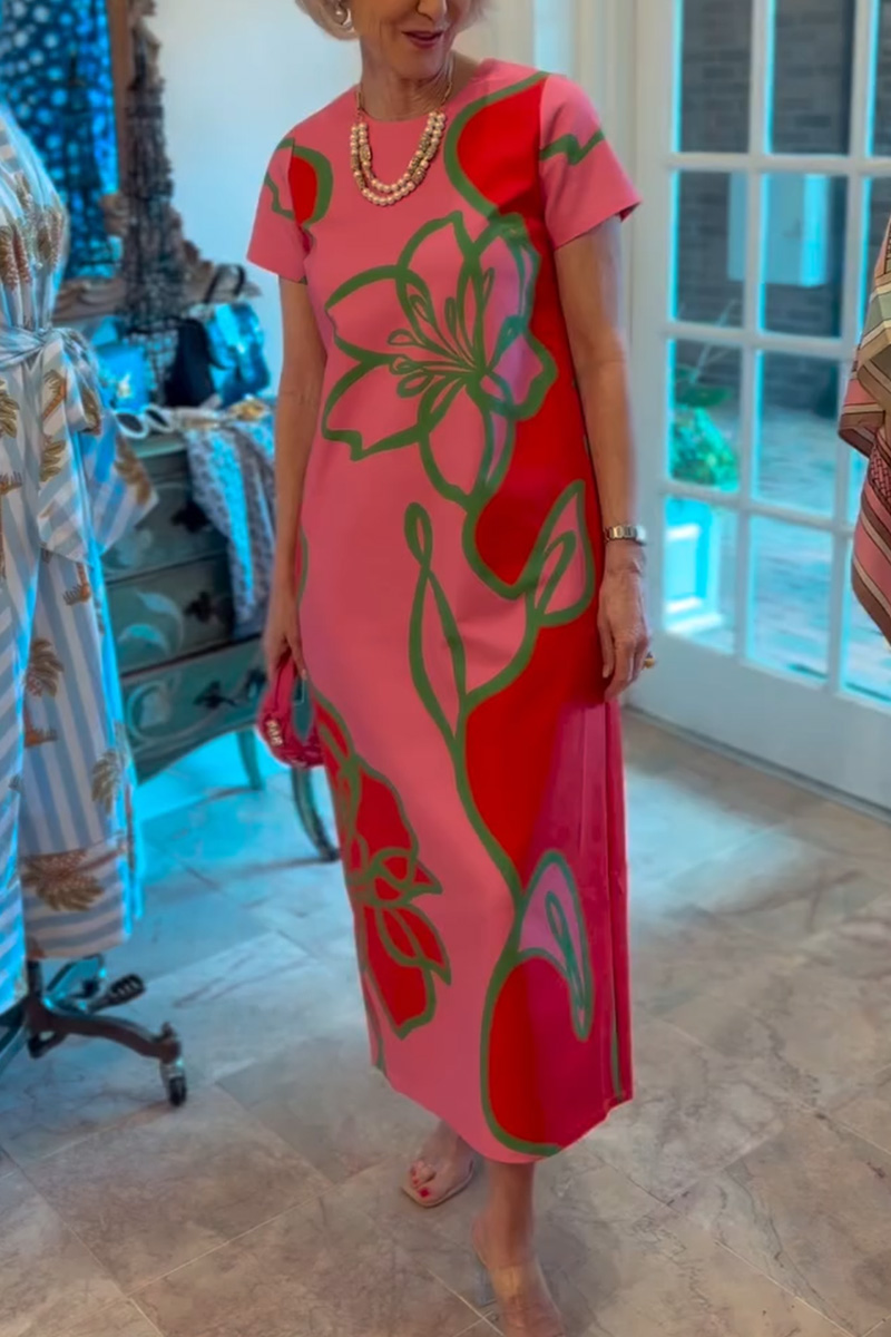 Women Round-Neck Short-Sleeve Printed Bohemian-Style Maxi Dress
