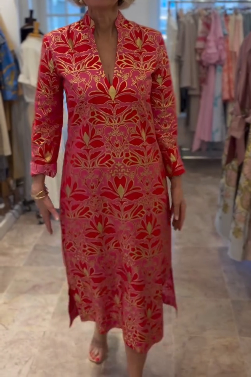Women Deep V-Neck Long-Sleeve Printed Bohemian-Style Midi Dress