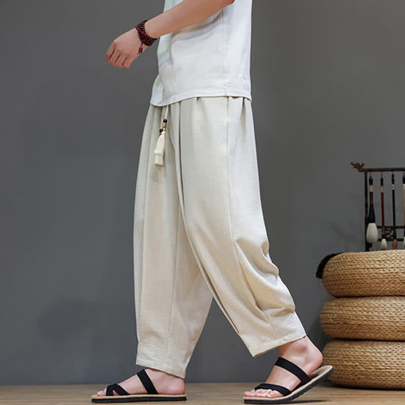 Summer Minimalist Solid Men's Elastic Waist Tapered Pants With Pockets