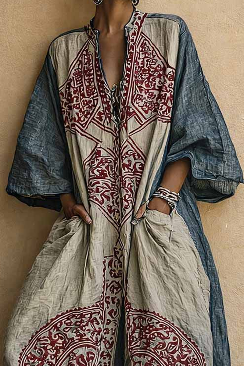 Ladies' Elegant Retro Printed V-Neck 3/4 Sleeve Cotton And Linen Jumpsuit