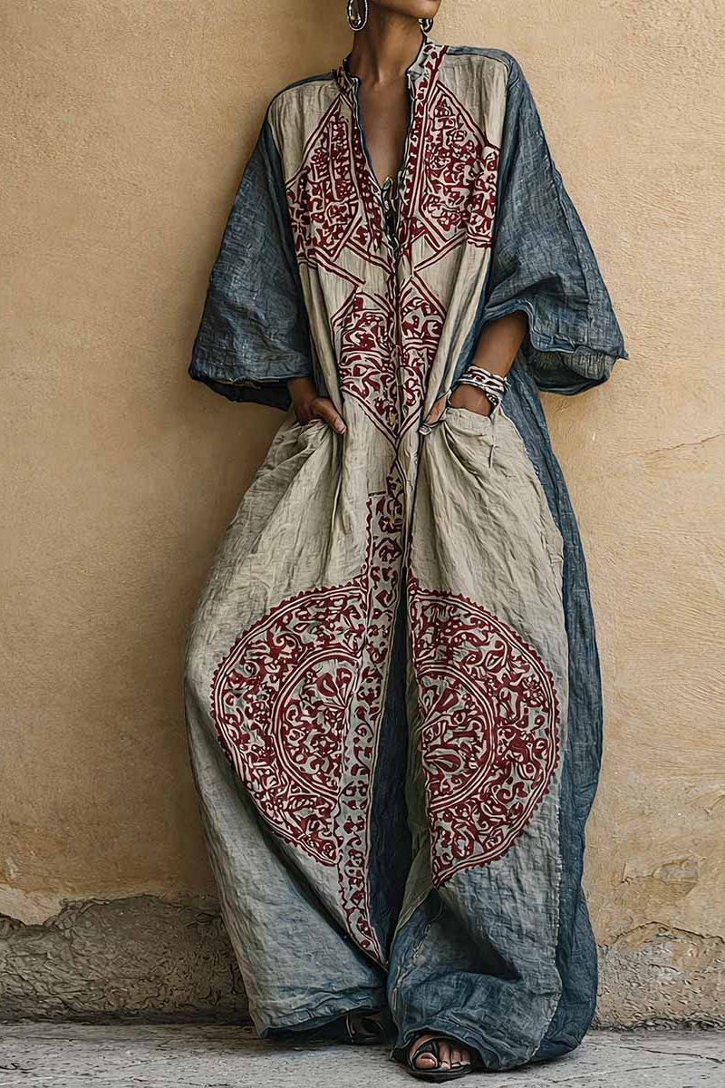 Ladies' Elegant Retro Printed V-Neck 3/4 Sleeve Cotton And Linen Jumpsuit
