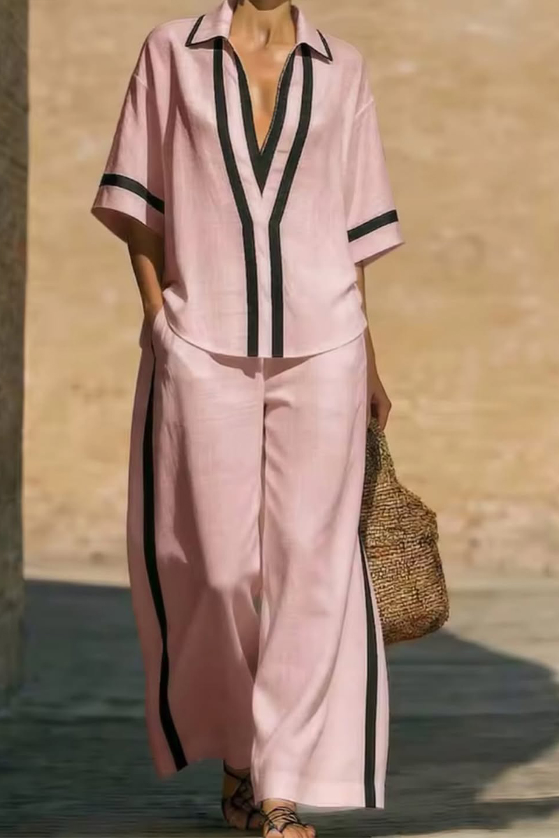 Women Collar and Elbow Long Sleeved Shirt + Pants Loose Casual Suit