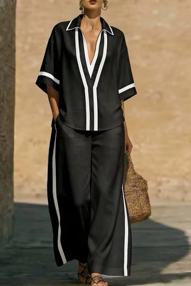 Women Collar and Elbow Long Sleeved Shirt + Pants Loose Casual Suit