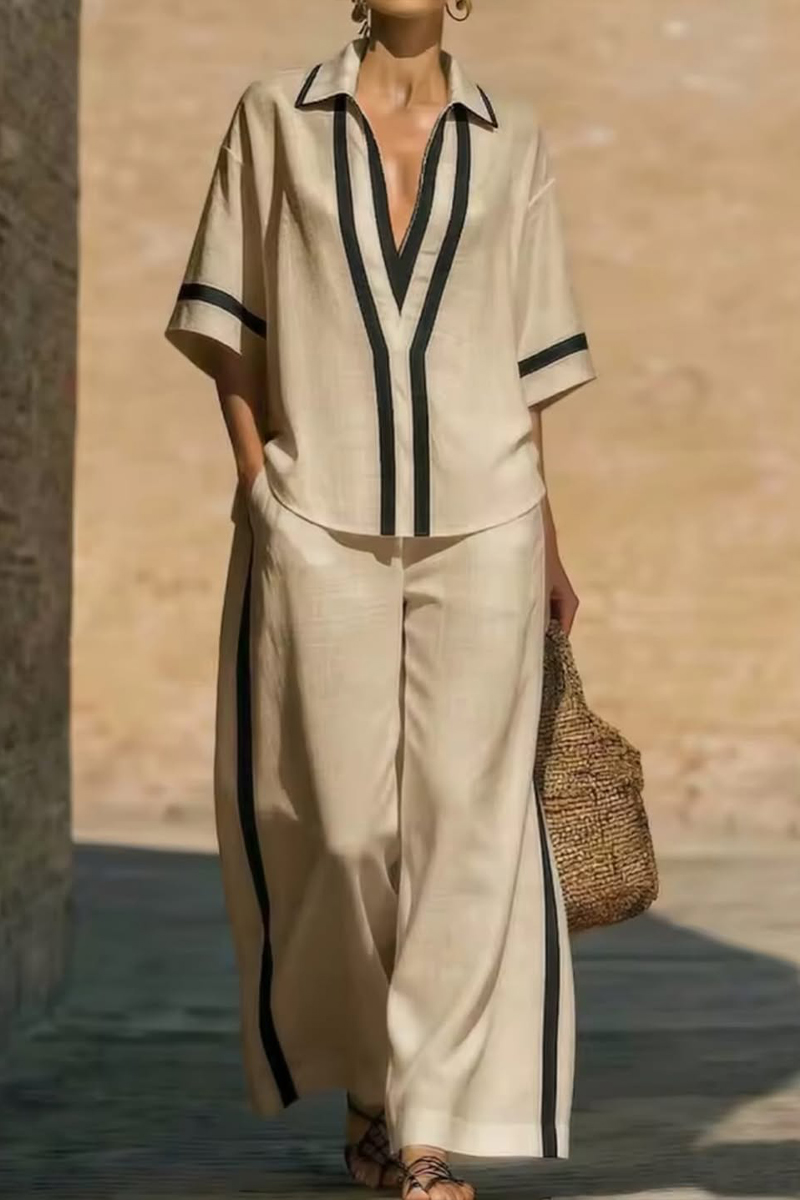 Women Collar and Elbow Long Sleeved Shirt + Pants Loose Casual Suit