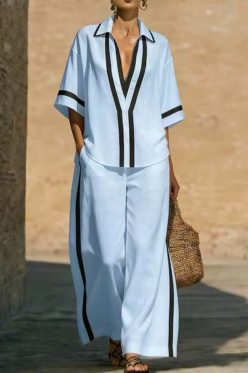 Women Collar and Elbow Long Sleeved Shirt + Pants Loose Casual Suit