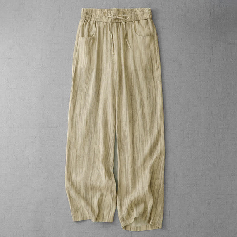 Summer Casual Drawstring Stripe Elastic Waist Women's Straight Leg Pants With Pockets