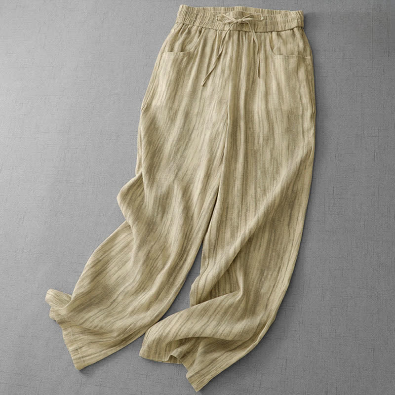 Summer Casual Drawstring Stripe Elastic Waist Women's Straight Leg Pants With Pockets