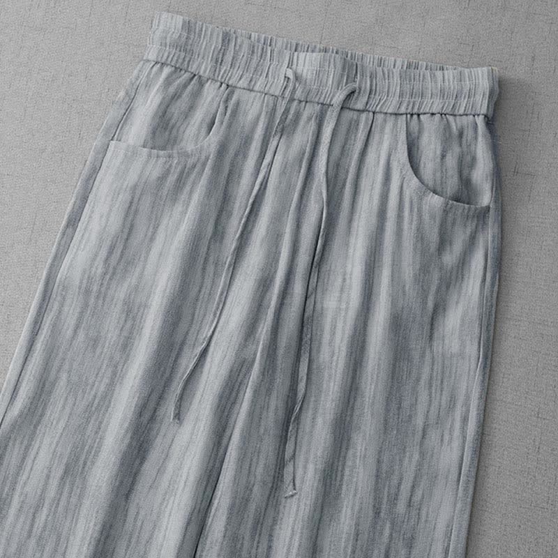 Summer Casual Drawstring Stripe Elastic Waist Women's Straight Leg Pants With Pockets
