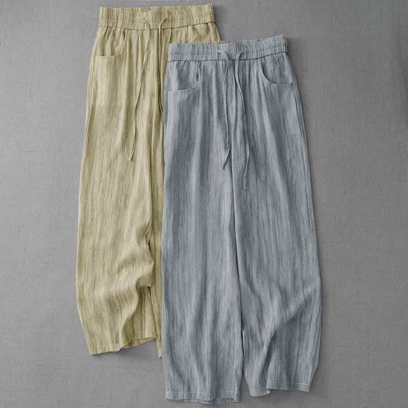 Summer Casual Drawstring Stripe Elastic Waist Women's Straight Leg Pants With Pockets
