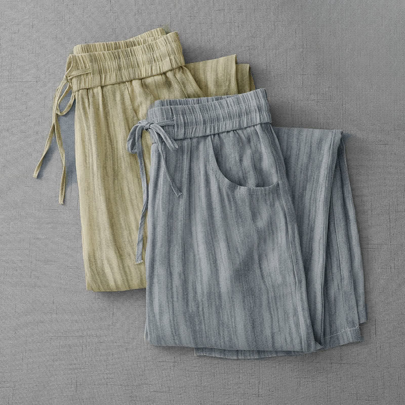 Summer Casual Drawstring Stripe Elastic Waist Women's Straight Leg Pants With Pockets