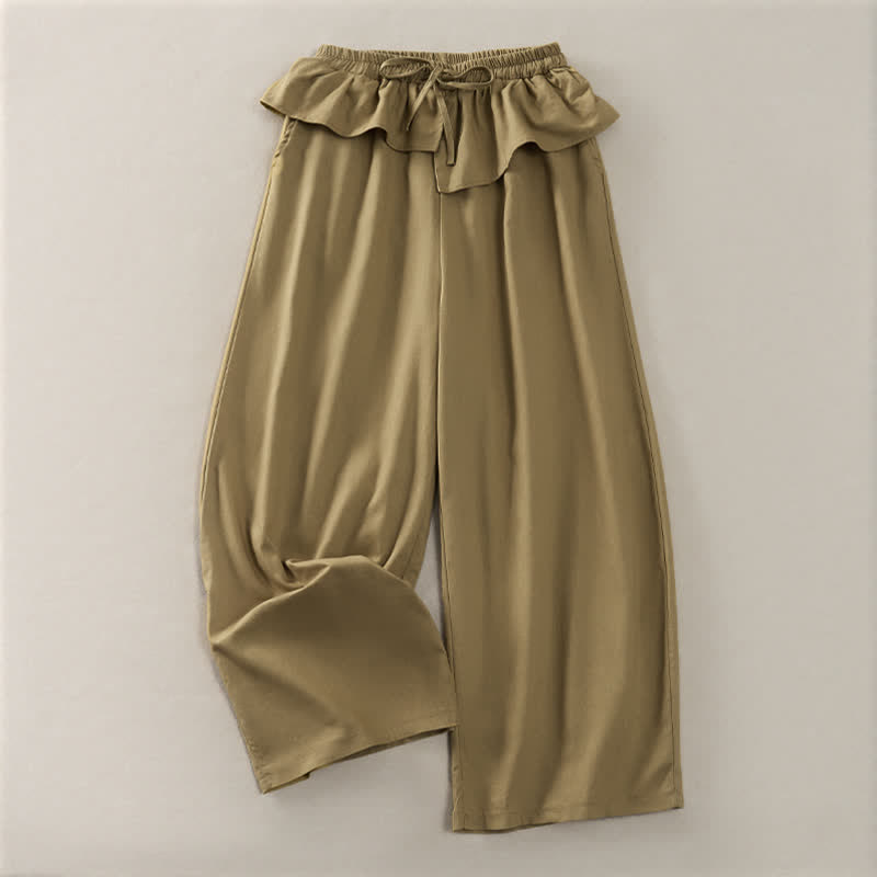 Spring Summer Casual Drawstring Elastic Waist Ruffled Solid Cropped Pants Women's Straight Leg Pants With Pockets