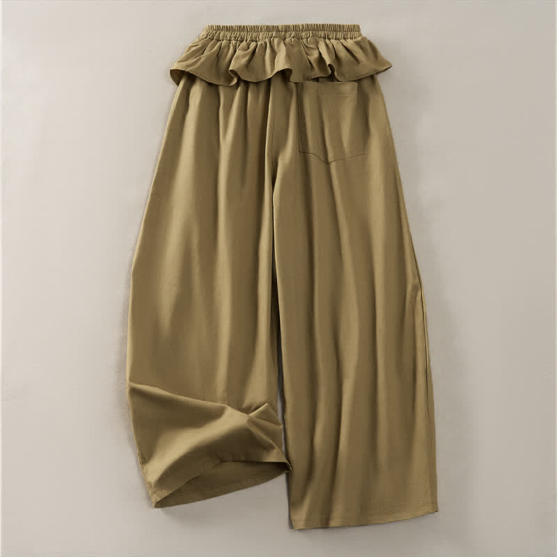 Spring Summer Casual Drawstring Elastic Waist Ruffled Solid Cropped Pants Women's Straight Leg Pants With Pockets