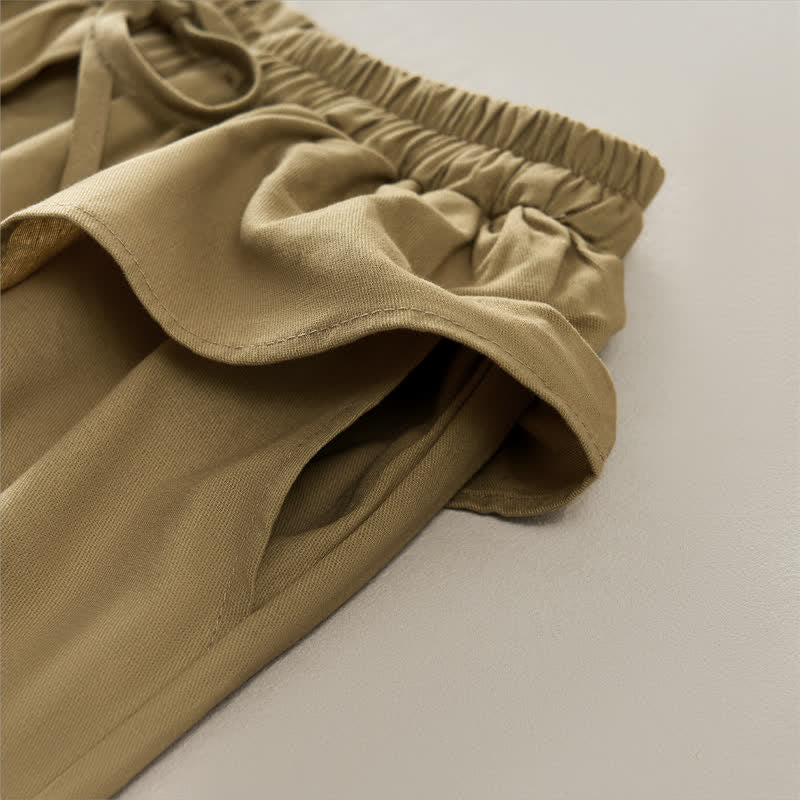 Spring Summer Casual Drawstring Elastic Waist Ruffled Solid Cropped Pants Women's Straight Leg Pants With Pockets