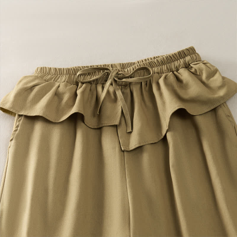 Spring Summer Casual Drawstring Elastic Waist Ruffled Solid Cropped Pants Women's Straight Leg Pants With Pockets