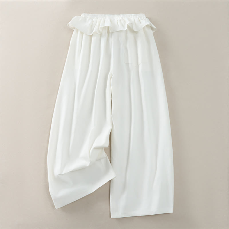Spring Summer Casual Drawstring Elastic Waist Ruffled Solid Cropped Pants Women's Straight Leg Pants With Pockets
