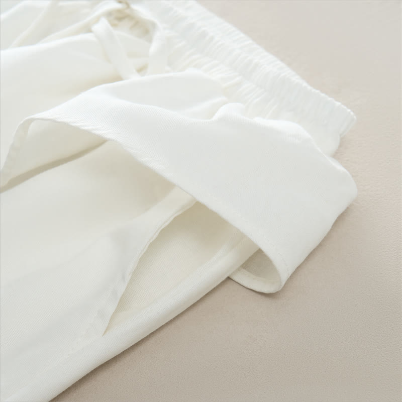 Spring Summer Casual Drawstring Elastic Waist Ruffled Solid Cropped Pants Women's Straight Leg Pants With Pockets