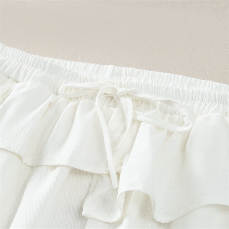 Spring Summer Casual Drawstring Elastic Waist Ruffled Solid Cropped Pants Women's Straight Leg Pants With Pockets